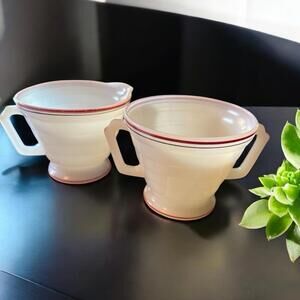 Hazel Atlas Moderntone Platonite Creamer & Sugar Bowl White Red Stripe